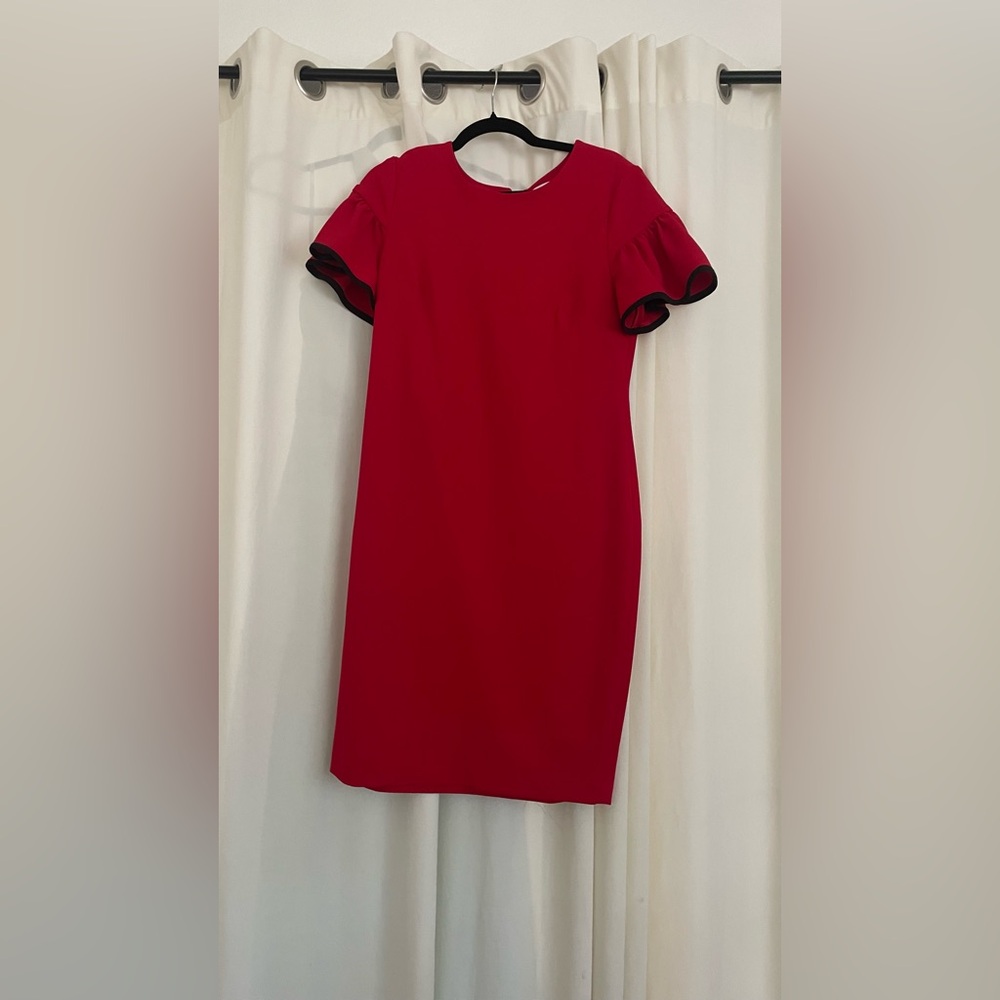 CALVIN KLEIN SHEATH DRESS, SHORT SLEEVE WITH RUFFLE DETAILS , RED, SIZE 12